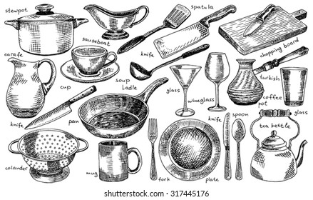 plate, bowl, stewpot, pan, colander, mug, fork, spoon, soup ladle, spatula, carafe, wineglass, martini glass, glass, knife, turkish coffee pot, chopping board, sauceboat, tea kettle