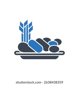 Plate with bread loaves and wheat icon.