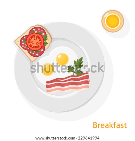 Plate of breakfast with fried eggs, bacon and sandwich.