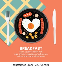Plate breakfast menu with egg, chicken sausages, onions, mushrooms, and carrot slices