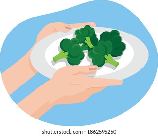 А plate with broccoli in hand. Flat style illustration