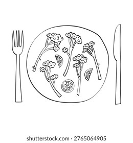 Plate with broccolini and lemon meal, fork and knife. Concept of healthy eating, plant-based nutrition, and natural organic food. Symbol of freshness, balanced diet, and modern wellness lifestyle.