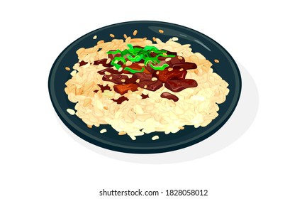 Plate of Bulgogi or fire meat. Grilled or fried pre-marinated thin slices of beef or pork garnished with scallions, boiled rice. Korean, asian cuisine. Vector illustration isolated on white for menu.