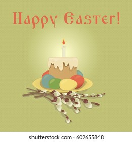 A plate with a cake and candles and painted eggs. The willow branches. Vector illustration.