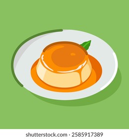 A plate of caramel custard pudding with a green leaf on the top
