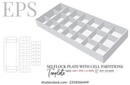 Plate with Cell Partitions die cut template, vector. White clear blank crate with barriers mock up isolated on white background, illustration. 