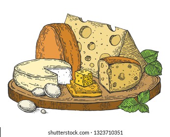 Plate Of Cheese Color Sketch Engraving Vector Illustration. Scratch Board Style Imitation. Hand Drawn Image.