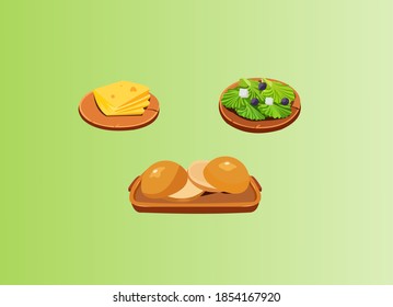 A plate of cheese, lettuce, and bread on green background