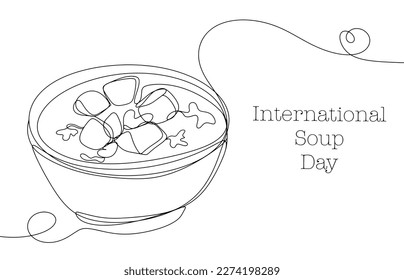 A plate of cheese soup with herbs. Delicious and healthy food. Culinary art in one line. International Soup Day. For different uses. Vector illustration