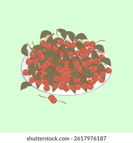 Plate with cherries on blue background. For health packaging and content design, organic juice labels, snack wrappers, tea and organic food boxes, summer detox blog posts, smoothie tutorials. Vector.