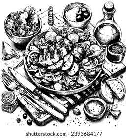 Plate with chicken salad on table.Vector sketch with salad hand drawn doodle. Illustration for menus, recipes and product packages. Caesar Salad, suitable for restaurant menus