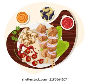 Plate with chicken skewers, mushrooms, tomatoes cherry. Popular dinner fried in barbecue on fire. Appetizing lunch food in restaurant. Full portion of dish meal menu. Isolated flat vector