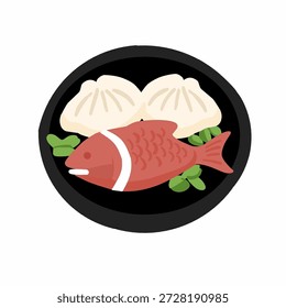 a plate of chinese dumpling and fish