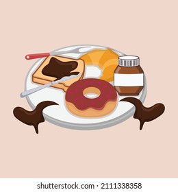A plate with chocolate donut, chocolate jam bread and bottle chocolate. Chocolate day. Vector colorful illustration.
