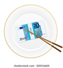 Plate, chopsticks and euro banknotes pack on a white background.