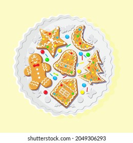 Plate with Christmas gingerbread cookies. Vector illustration flat.