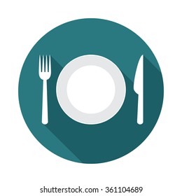 Plate circle icon with long shadow. Flat design style. Plate simple silhouette. Modern, minimalist, round icon in stylish colors. Web site page and mobile app design vector element.
