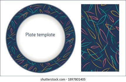 Plate circular template with abstract fishes. Seamless pattern for additional design. Colorful chaotic intersecting lines with diagonal composition. Vector.