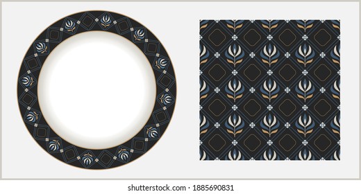 Plate circular template with geometric floral pattern. Seamless pattern for additional design. Bunches of leaves, rounded squares, diagonal grid, thin lines are used. Dark colors. Vector.