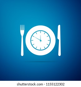 Plate with clock, fork and knife icon isolated on blue background. Lunch time. Eating, nutrition regime, meal time and diet concept. Flat design. Vector Illustration