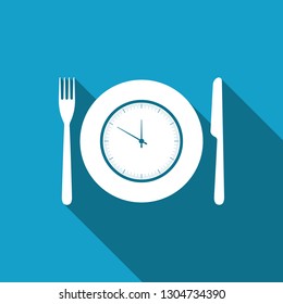 Plate with clock, fork and knife icon isolated with long shadow. Lunch time. Eating, nutrition regime, meal time and diet concept. Flat design. Vector Illustration