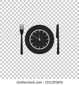 Plate with clock, fork and knife icon isolated on transparent background. Lunch time. Eating, nutrition regime, meal time and diet concept. Flat design. Vector Illustration