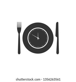 Plate with clock, fork and knife icon isolated. Lunch time. Eating, nutrition regime, meal time and diet concept. Flat design. Vector Illustration