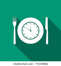 Planta con reloj, tenedor e icono de cuchillo aislado con sombra larga.Hora del almuerzo. Comida, régimen nutricional, tiempo de comida y concepto dietético. Diseño plano. Ilustración vectorial