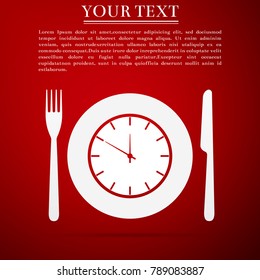 Plate with clock, fork and knife icon isolated on red background. Lunch time. Eating, nutrition regime, meal time and diet concept. Flat design. Vector Illustration