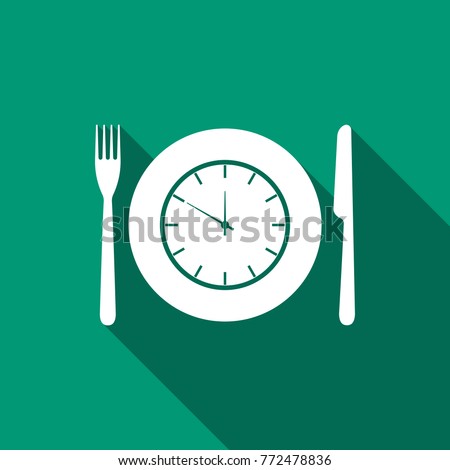 Plate with clock, fork and knife icon isolated with long shadow. Lunch time. Eating, nutrition regime, meal time and diet concept. Flat design. Vector Illustration