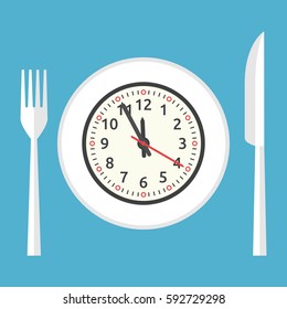 Plate with clock, fork and knife isolated on blue background. Top view. Eating, meal time and diet concept. Flat design. Vector illustration. EPS 8, no transparency