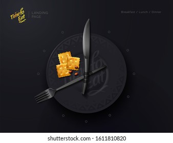 Plate is a clock. Meal time. Food Interval. Proper nutrition. Modern vector illustration top view.