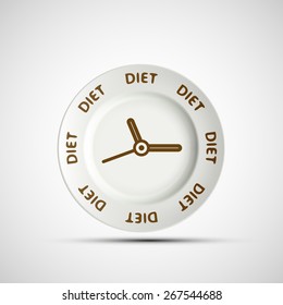 Plate as a clock and the words diet. Vector image.