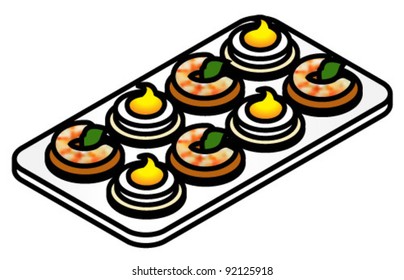 A Plate Of Colorful Canapes - Deviled Eggs, Shrimp And Basil.