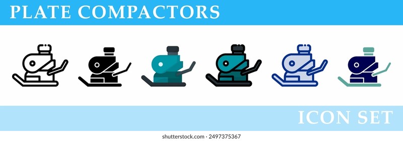Conjunto de iconos de compactadores de placa. 6 Varios estilos. Gráficos de signos, símbolos, elementos, presentaciones, infografías o Web. Ilustración vectorial.