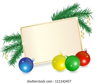 plate for congratulations of Christmas balls and fir branches