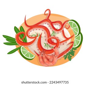 Plate with cooked octopus isolated. Delicacies seafood. Flat vector illustration.