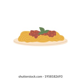 Plate with cooked pasta and meat or tomato sauce on the top, flat vector illustration isolated on white background. Italian spaghetti with bolognese gravy sign or symbol.