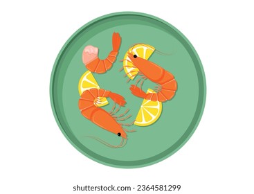 Plate with cooked shrimp and lemon slice vector illustration isolated on white background. Boiled sea food flat design