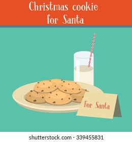 Plate Of Cookies For Santa And Glass Of Milk And Card With Letter. Vector Illustration Flat Design