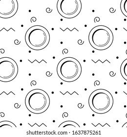 Plate cooking or kitchen seamless pattern. Black line art vector circle plates and decorative elements on white background. Endless texture for web, covers, decoration, restaurant or shop print design