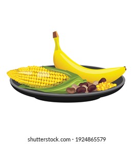 Plate with corn and banana icon. Cartoon of plate with corn and banana vector icon for web design isolated on white background