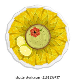 Plate with corn chips and spicy mexican guacamole sauce. Spicy triangular chips, top view. Cartoon vector isolated on white background