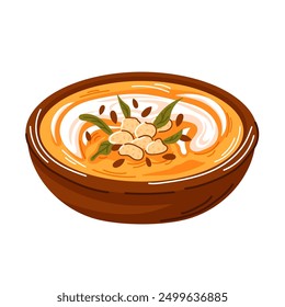 Plate with cream soup with croutons pumpkin flavored in cartoon style. Dinner menu design for autumn season. Vector illustration isolated on a white background.