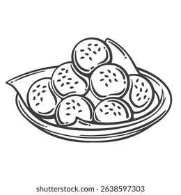 Plate of crispy sesame rice balls served on parchment paper. Traditional Hong Kong snack. Outline vector illustration in engraved style for packaging, menu, or food design.
