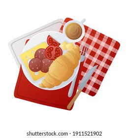 Plate with croissant, tomatoes, cheese and pepperoni. Illustration of traditional breakfast with cup of tea isolated on white. Decorated with cloth napkin.