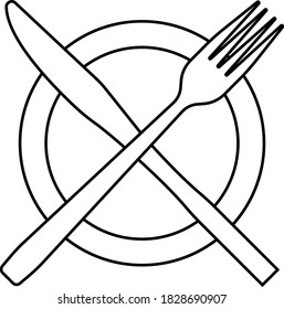 A plate with crossed cutlery contour. Vector black and white illustration. Great for labels, menus, posters, banners, vouchers, coupons, business promotion and more.