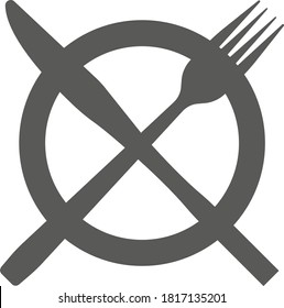A plate with crossed cutlery. Vector black and white illustration. Great for labels, menus, posters, banners, vouchers, coupons, business promotion and more.