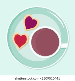 Teller, Tasse, Kekse. Vektorgrafik. Frühstück, Freizeit, Liebe, Romantik.