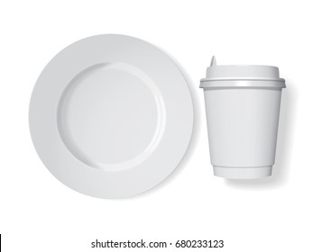 Plate and cup for your design and logo. It's easy to change colors. Mock Up. Vector template.